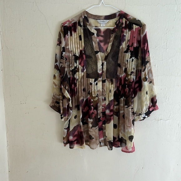 CJ Banks Tops - CJ Banks Sheer Blouse Long Sleeves Tan, Pink and Brown Size XL